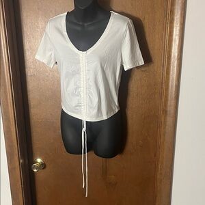 SHEIN White Ruched Drawstring Front Short Sleeve Crop Top Size L